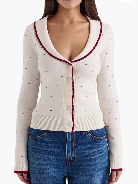 House of CB Sweaters - House of CB Cream Cardigan: Marla Ivory Cashmere Blend Trimmed Size Medium